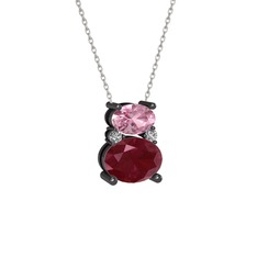 Thea Kolye - Pembe kuvars, kök yakut ve swarovski 925 ayar siyah rodyum kaplama gümüş kolye (40 cm beyaz altın rolo zincir) #7e4zb2