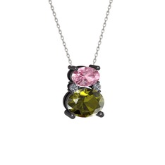 Pembe kuvars, peridot ve pırlanta 925 ayar siyah rodyum kaplama gümüş kolye (0.036 karat, 40 cm beyaz altın rolo zincir)