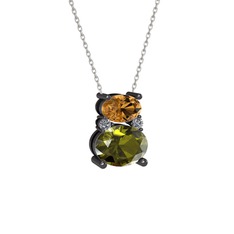 Thea Kolye - Dumanlı kuvars, peridot ve pırlanta 925 ayar siyah rodyum kaplama gümüş kolye (0.036 karat, 40 cm beyaz altın rolo zincir) #7s87so