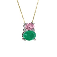 Pembe kuvars, kök zümrüt ve swarovski 925 ayar gümüş kolye (40 cm altın rolo zincir)