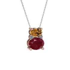 Dumanlı kuvars, kök yakut ve pırlanta 925 ayar rose altın kaplama gümüş kolye (0.036 karat, 40 cm beyaz altın rolo zincir)