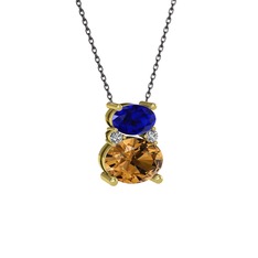 Lab safir, dumanlı kuvars ve swarovski 18 ayar altın kolye (40 cm gümüş rolo zincir)