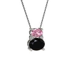 Pembe kuvars, siyah zirkon ve swarovski 14 ayar beyaz altın kolye (40 cm gümüş rolo zincir)