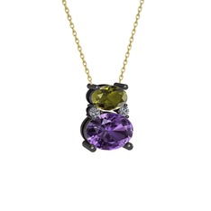 Peridot, ametist ve pırlanta 925 ayar siyah rodyum kaplama gümüş kolye (0.036 karat, 40 cm altın rolo zincir)