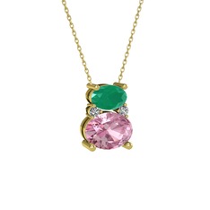 Thea Kolye - Kök zümrüt, pembe kuvars ve swarovski 14 ayar altın kolye (40 cm altın rolo zincir) #a8d78r