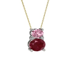 Thea Kolye - Pembe kuvars, kök yakut ve swarovski 8 ayar beyaz altın kolye (40 cm altın rolo zincir) #ac6d1v