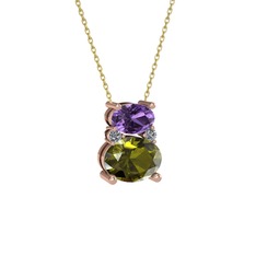 Ametist, peridot ve pırlanta 14 ayar rose altın kolye (0.036 karat, 40 cm gümüş rolo zincir)