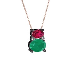 Thea Kolye - Rodolit garnet, kök zümrüt ve swarovski 925 ayar siyah rodyum kaplama gümüş kolye (40 cm rose altın rolo zincir) #bbn8dy