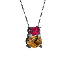 Thea Kolye - Rodolit garnet, dumanlı kuvars ve swarovski 925 ayar siyah rodyum kaplama gümüş kolye (40 cm gümüş rolo zincir) #br7f5n