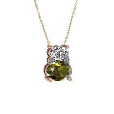 Beyaz zirkon, peridot ve pırlanta 14 ayar rose altın kolye (0.036 karat, 40 cm gümüş rolo zincir)