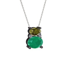 Thea Kolye - Peridot, kök zümrüt ve pırlanta 925 ayar siyah rodyum kaplama gümüş kolye (0.036 karat, 40 cm beyaz altın rolo zincir) #cgh516