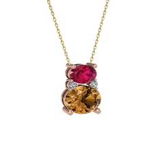 Rodolit garnet, dumanlı kuvars ve swarovski 14 ayar rose altın kolye (40 cm altın rolo zincir)
