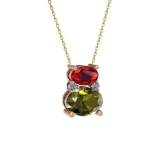 Garnet, peridot ve pırlanta 14 ayar rose altın kolye (0.036 karat, 40 cm gümüş rolo zincir)