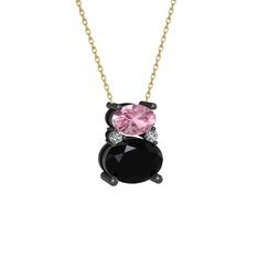 Thea Kolye - Pembe kuvars, siyah zirkon ve swarovski 925 ayar siyah rodyum kaplama gümüş kolye (40 cm gümüş rolo zincir) #e3klhv