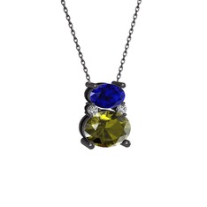 Lab safir, peridot ve swarovski 925 ayar siyah rodyum kaplama gümüş kolye (40 cm gümüş rolo zincir)