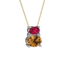 Rodolit garnet, dumanlı kuvars ve swarovski 14 ayar beyaz altın kolye (40 cm altın rolo zincir)