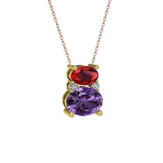 Garnet, ametist ve swarovski 925 ayar altın kaplama gümüş kolye (40 cm rose altın rolo zincir)