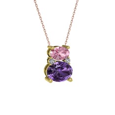 Pembe kuvars, ametist ve swarovski 8 ayar altın kolye (40 cm gümüş rolo zincir)