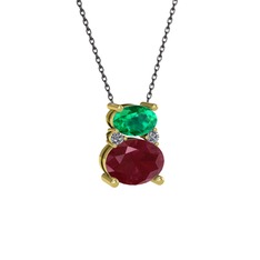 Thea Kolye - Yeşil kuvars, kök yakut ve pırlanta 14 ayar altın kolye (0.036 karat, 40 cm gümüş rolo zincir) #fvzc36