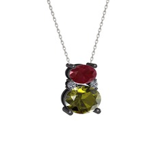 Thea Kolye - Kök yakut, peridot ve pırlanta 925 ayar siyah rodyum kaplama gümüş kolye (0.036 karat, 40 cm beyaz altın rolo zincir) #h008w4