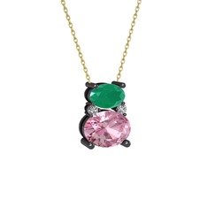 Thea Kolye - Kök zümrüt, pembe kuvars ve swarovski 925 ayar siyah rodyum kaplama gümüş kolye (40 cm altın rolo zincir) #h0ahgw