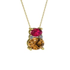 Rodolit garnet, dumanlı kuvars ve pırlanta 925 ayar altın kaplama gümüş kolye (0.036 karat, 40 cm gümüş rolo zincir)