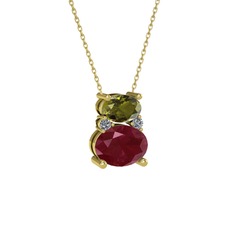 Peridot, kök yakut ve pırlanta 18 ayar altın kolye (0.036 karat, 40 cm altın rolo zincir)