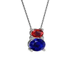 Garnet, lab safir ve swarovski 18 ayar beyaz altın kolye (40 cm gümüş rolo zincir)