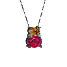 Thea Kolye - Dumanlı kuvars, rodolit garnet ve pırlanta 925 ayar siyah rodyum kaplama gümüş kolye (0.036 karat, 40 cm gümüş rolo zincir) #j53yu0