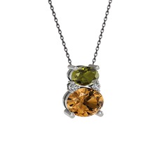 Peridot, dumanlı kuvars ve swarovski 8 ayar beyaz altın kolye (40 cm gümüş rolo zincir)