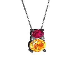 Thea Kolye - Rodolit garnet, sitrin ve swarovski 925 ayar siyah rodyum kaplama gümüş kolye (40 cm gümüş rolo zincir) #jgib33