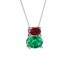Kök yakut, yeşil kuvars ve swarovski 18 ayar beyaz altın kolye (40 cm beyaz altın rolo zincir)
