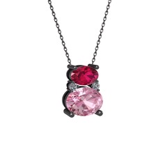 Thea Kolye - Rodolit garnet, pembe kuvars ve pırlanta 925 ayar siyah rodyum kaplama gümüş kolye (0.036 karat, 40 cm gümüş rolo zincir) #k6tk9l
