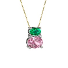 Yeşil kuvars, pembe kuvars ve swarovski 8 ayar beyaz altın kolye (40 cm altın rolo zincir)
