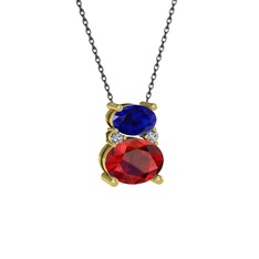 Lab safir, garnet ve swarovski 18 ayar altın kolye (40 cm gümüş rolo zincir)