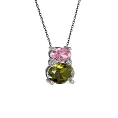 Thea Kolye - Pembe kuvars, peridot ve swarovski 18 ayar beyaz altın kolye (40 cm gümüş rolo zincir) #kx56a0