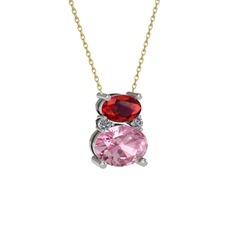 Garnet, pembe kuvars ve pırlanta 925 ayar gümüş kolye (0.036 karat, 40 cm altın rolo zincir)