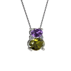 Ametist, peridot ve pırlanta 8 ayar beyaz altın kolye (0.036 karat, 40 cm gümüş rolo zincir)
