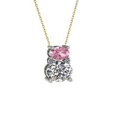 Pembe kuvars, swarovski ve pırlanta 8 ayar beyaz altın kolye (0.036 karat, 40 cm altın rolo zincir)