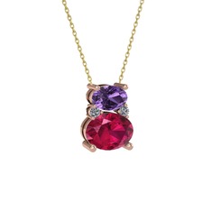 Ametist, rodolit garnet ve pırlanta 18 ayar rose altın kolye (0.036 karat, 40 cm altın rolo zincir)