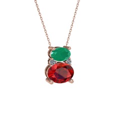 Kök zümrüt, garnet ve pırlanta 18 ayar rose altın kolye (0.036 karat, 40 cm rose altın rolo zincir)