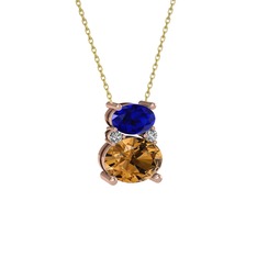 Lab safir, dumanlı kuvars ve swarovski 925 ayar rose altın kaplama gümüş kolye (40 cm altın rolo zincir)