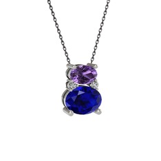 Ametist, lab safir ve swarovski 18 ayar beyaz altın kolye (40 cm gümüş rolo zincir)