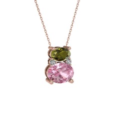 Peridot, pembe kuvars ve swarovski 18 ayar rose altın kolye (40 cm gümüş rolo zincir)