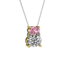 Pembe kuvars, swarovski ve pırlanta 925 ayar altın kaplama gümüş kolye (0.036 karat, 40 cm beyaz altın rolo zincir)