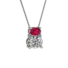 Rodolit garnet, swarovski ve pırlanta 925 ayar gümüş kolye (0.036 karat, 40 cm gümüş rolo zincir)