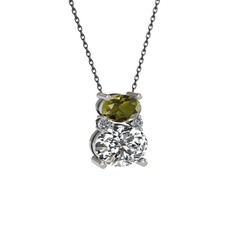 Peridot, swarovski ve pırlanta 925 ayar gümüş kolye (0.036 karat, 40 cm gümüş rolo zincir)
