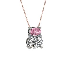 Pembe kuvars, swarovski ve pırlanta 14 ayar beyaz altın kolye (0.036 karat, 40 cm rose altın rolo zincir)