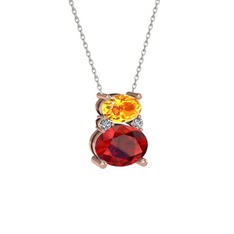 Sitrin, garnet ve swarovski 8 ayar rose altın kolye (40 cm gümüş rolo zincir)