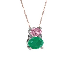 Pembe kuvars, kök zümrüt ve pırlanta 8 ayar beyaz altın kolye (0.036 karat, 40 cm rose altın rolo zincir)